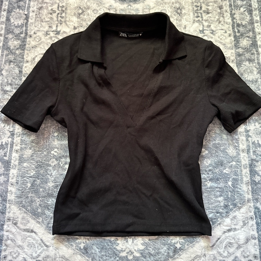 Zara Black Fitted cropped Shirt with Notched Collar